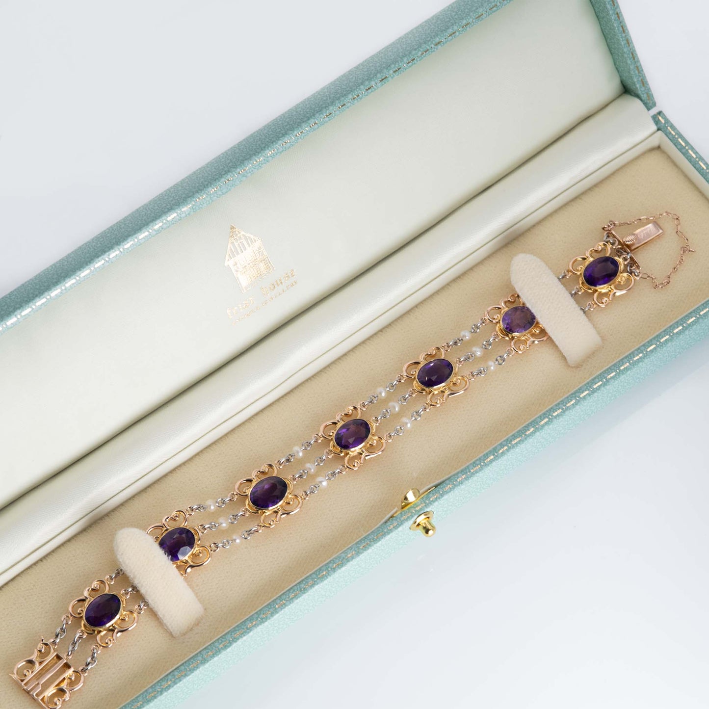 Art Deco 15ct Rose Gold and Platinum Amethyst and Seed Pearl Bracelet - Friar House