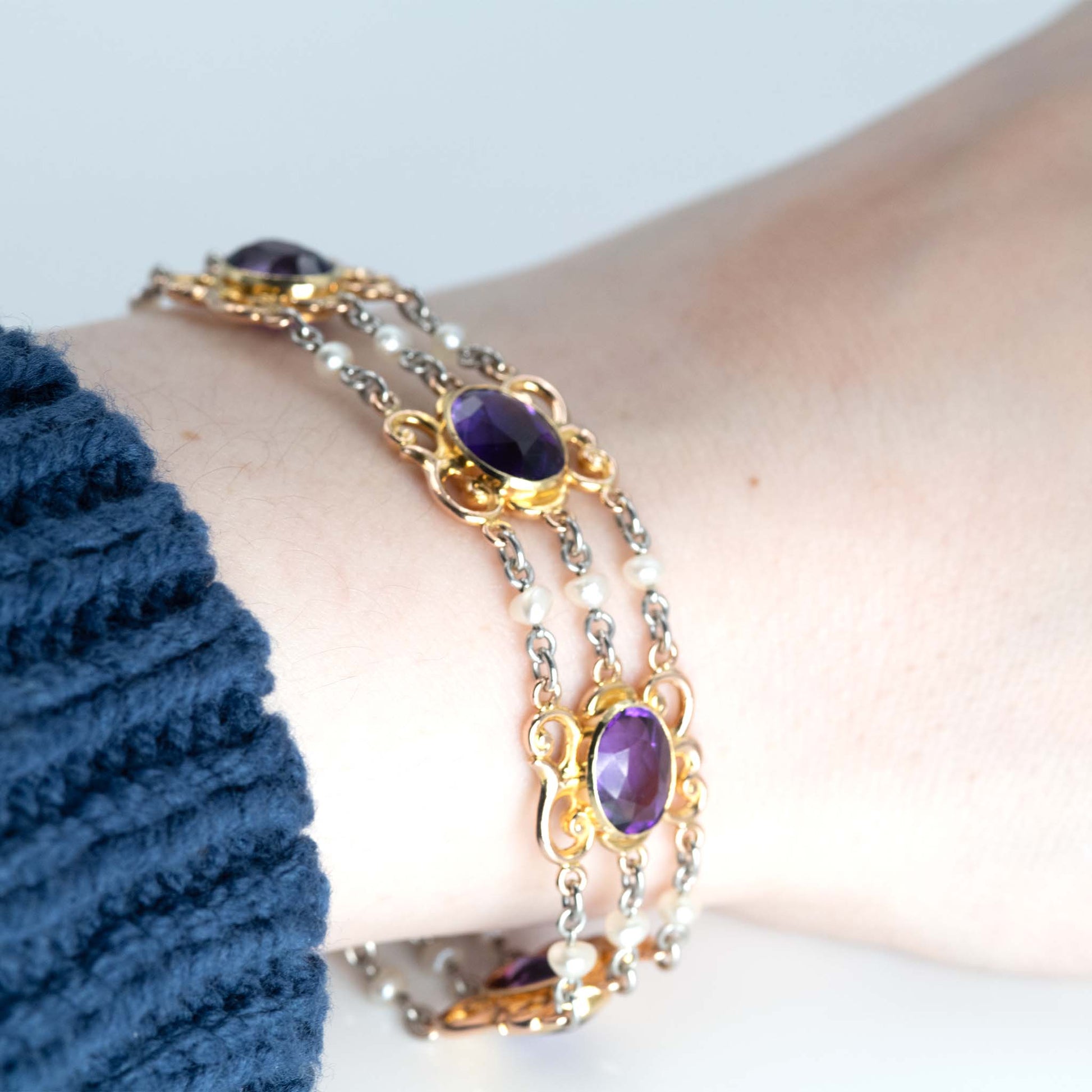Art Deco 15ct Rose Gold and Platinum Amethyst and Seed Pearl Bracelet - Friar House