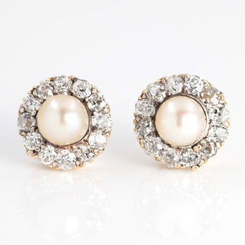 Art Deco 15ct Yellow Gold Cultured Pearl and Diamond Cluster Earrings