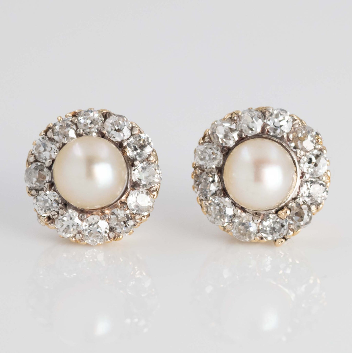 Art Deco 15ct Yellow Gold Cultured Pearl and Diamond Cluster Earrings - Friar House