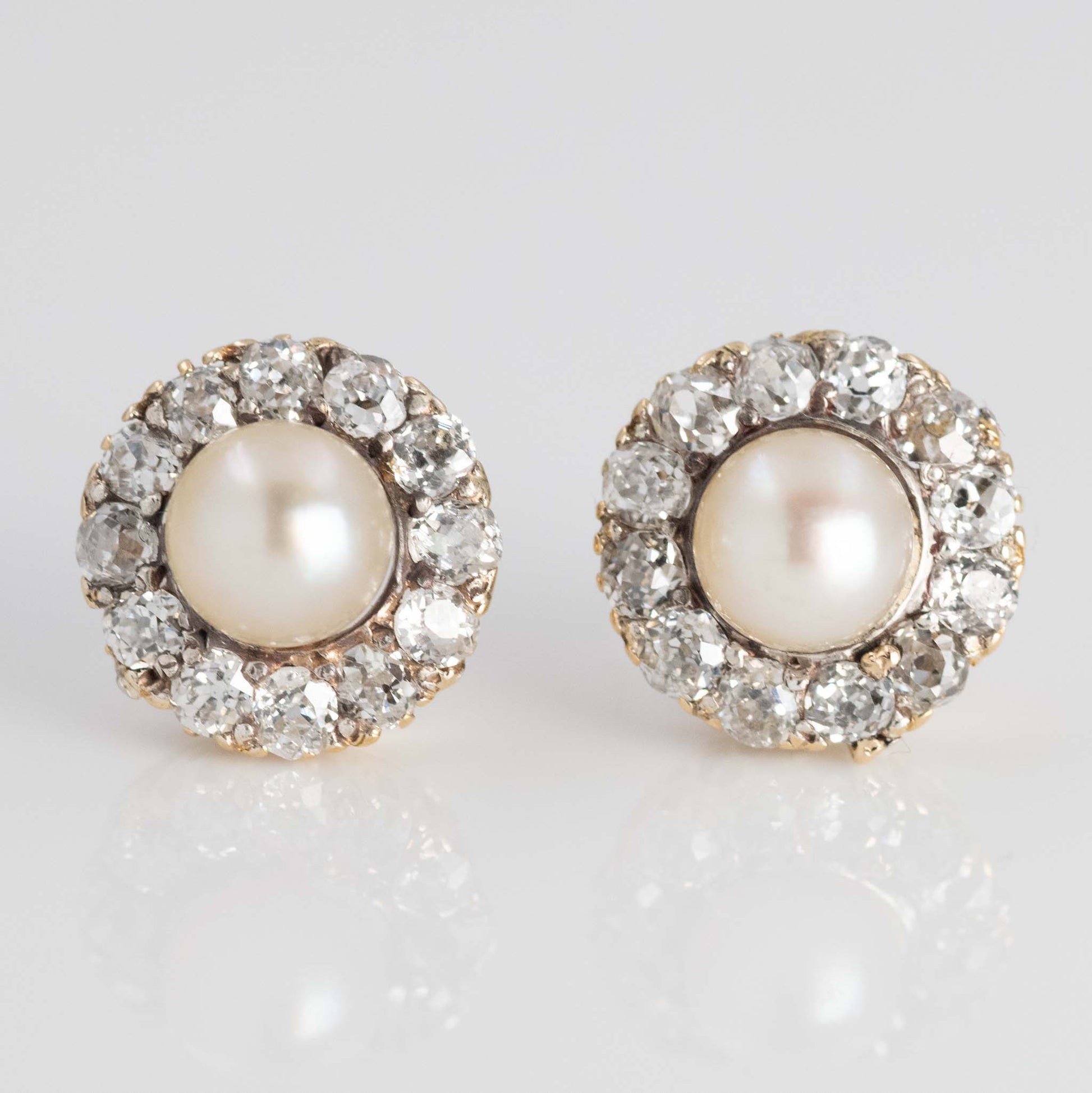 Art Deco 15ct Yellow Gold Cultured Pearl and Diamond Cluster Earrings - Friar House