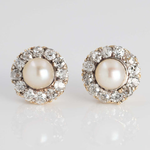 Art Deco 15ct Yellow Gold Cultured Pearl and Diamond Cluster Earrings