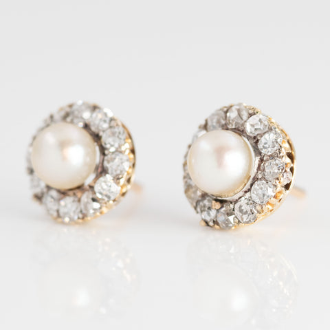 Art Deco 15ct Yellow Gold Cultured Pearl and Diamond Cluster Earrings