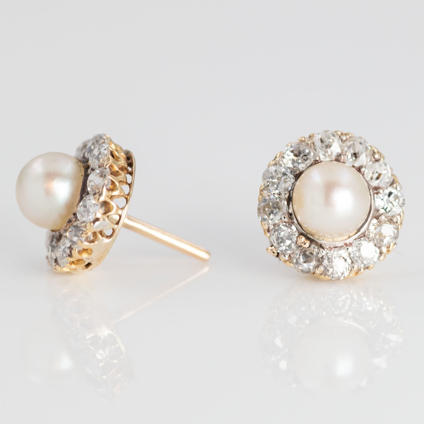 Art Deco 15ct Yellow Gold Cultured Pearl and Diamond Cluster Earrings - Friar House