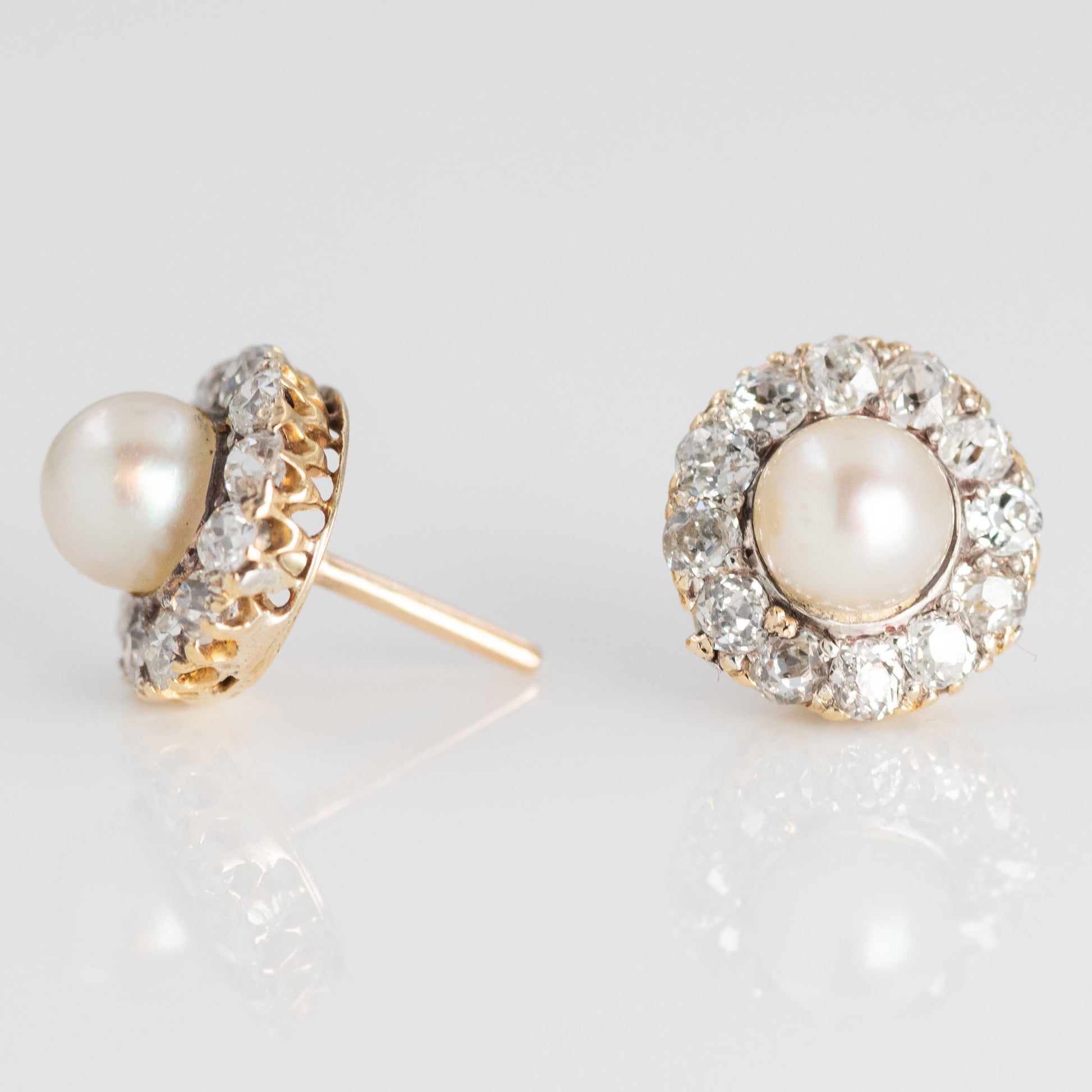 Art Deco 15ct Yellow Gold Cultured Pearl and Diamond Cluster Earrings - Friar House