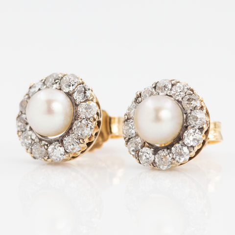 Art Deco 15ct Yellow Gold Cultured Pearl and Diamond Cluster Earrings