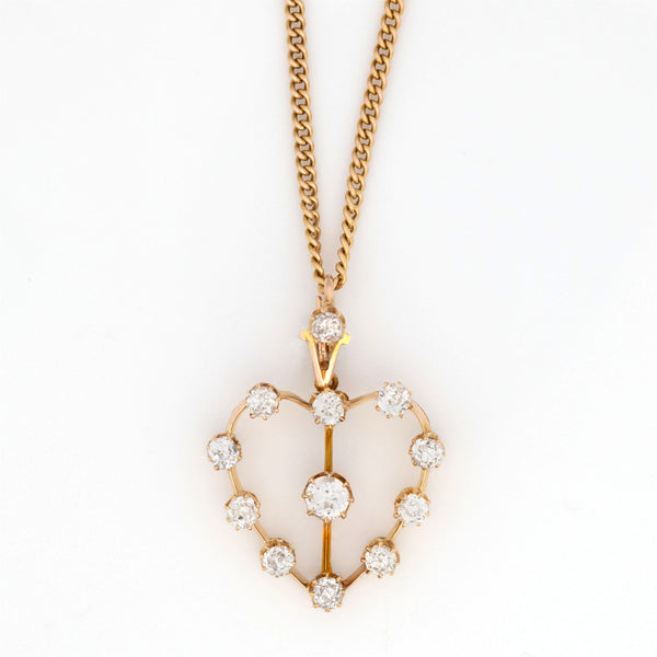 Art Deco 15ct Yellow Gold Diamond Heart Pendant - Friar House Antique Jewellery