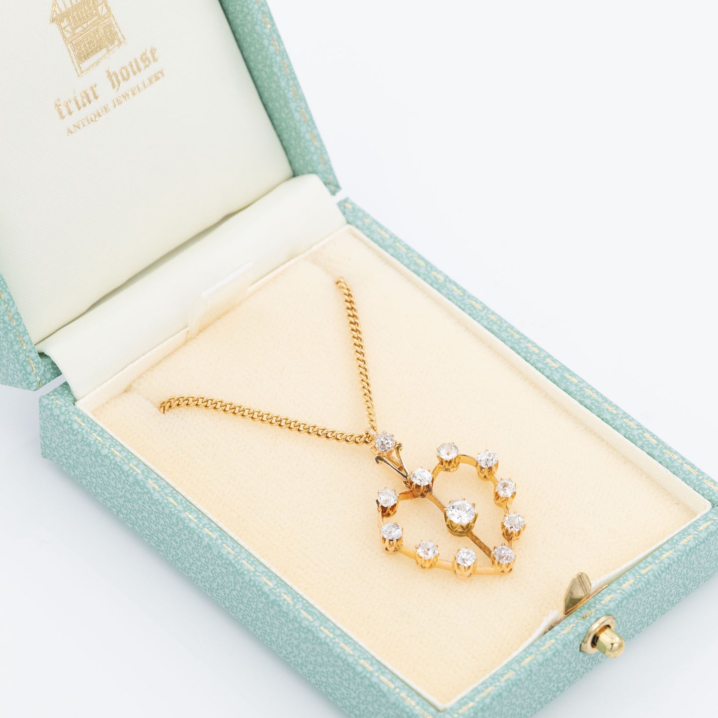Art Deco 15ct Yellow Gold Diamond Heart Pendant - Friar House Antique Jewellery