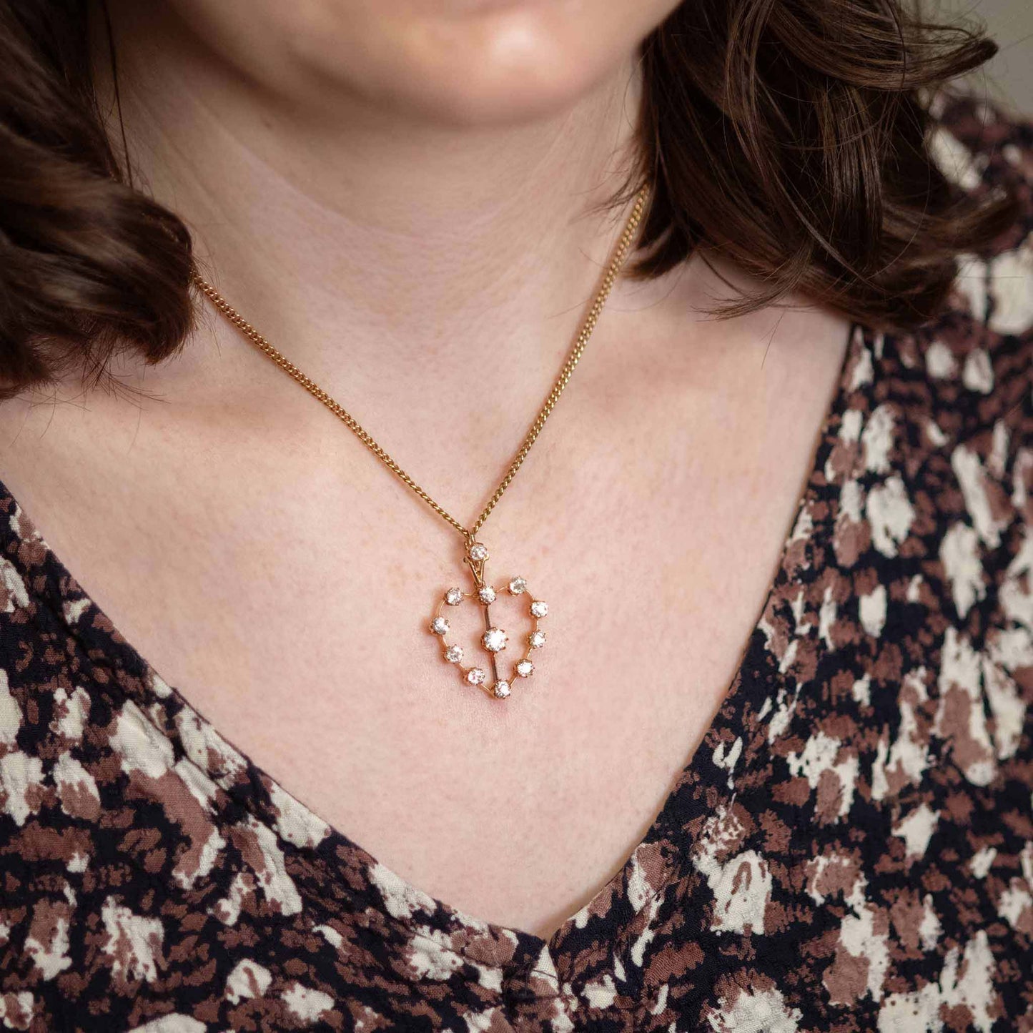 Art Deco 15ct Yellow Gold Diamond Heart Pendant - Friar House Antique Jewellery