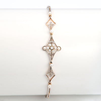 Art Deco 15ct Yellow Gold Pearl and Diamond Bracelet - Friar House