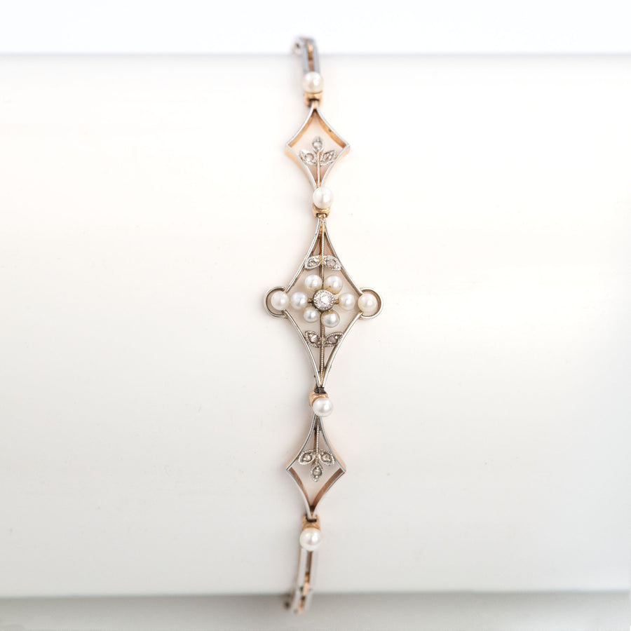 Art Deco 15ct Yellow Gold Pearl and Diamond Bracelet - Friar House