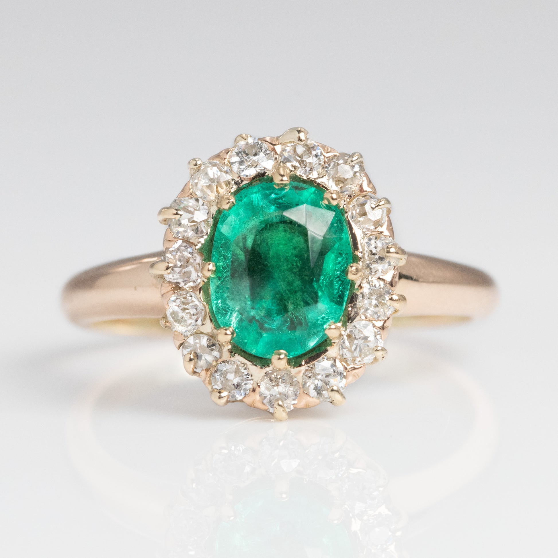 Art Deco 18 carat Yellow Gold Emerald and Diamond Cluster Ring - Friar House