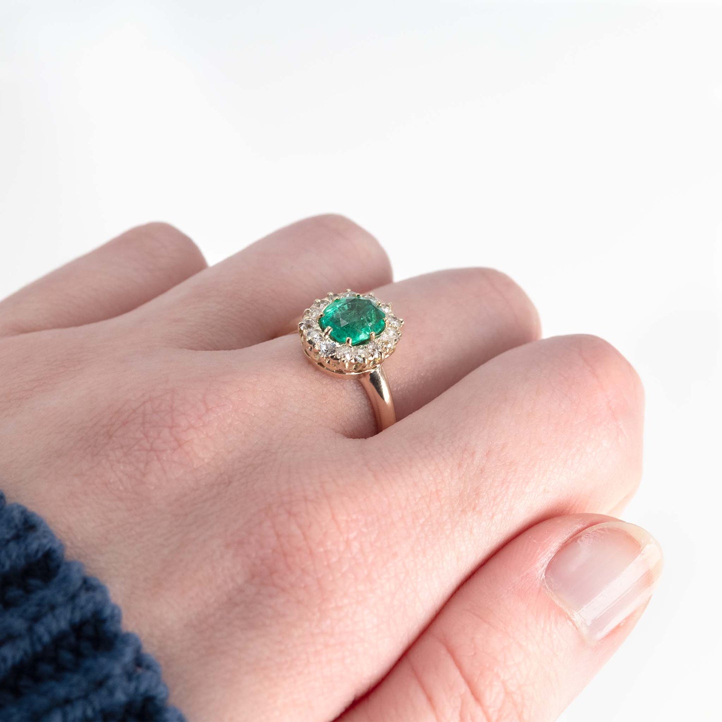 Art Deco 18 carat Yellow Gold Emerald and Diamond Cluster Ring - Friar House