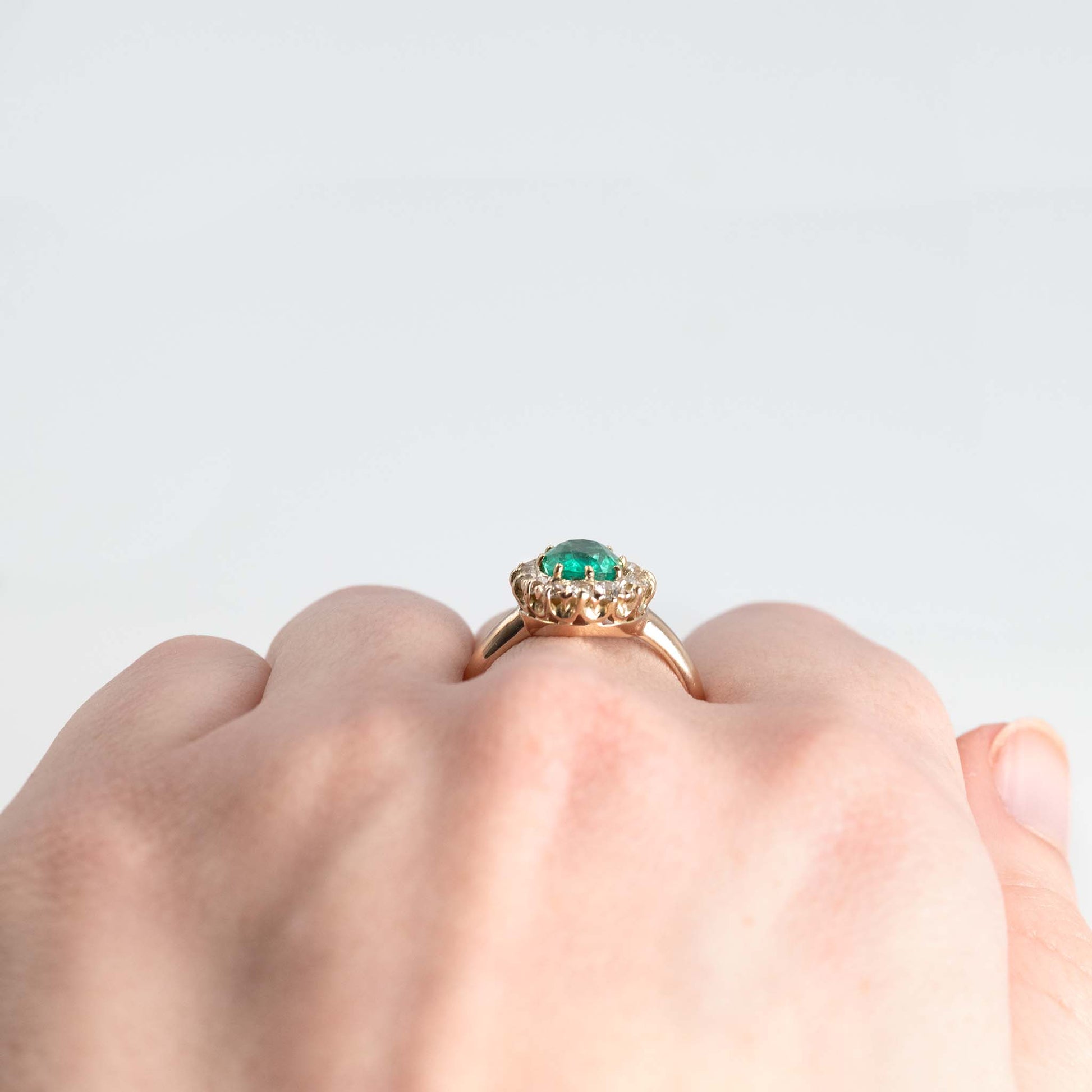 Art Deco 18 carat Yellow Gold Emerald and Diamond Cluster Ring - Friar House