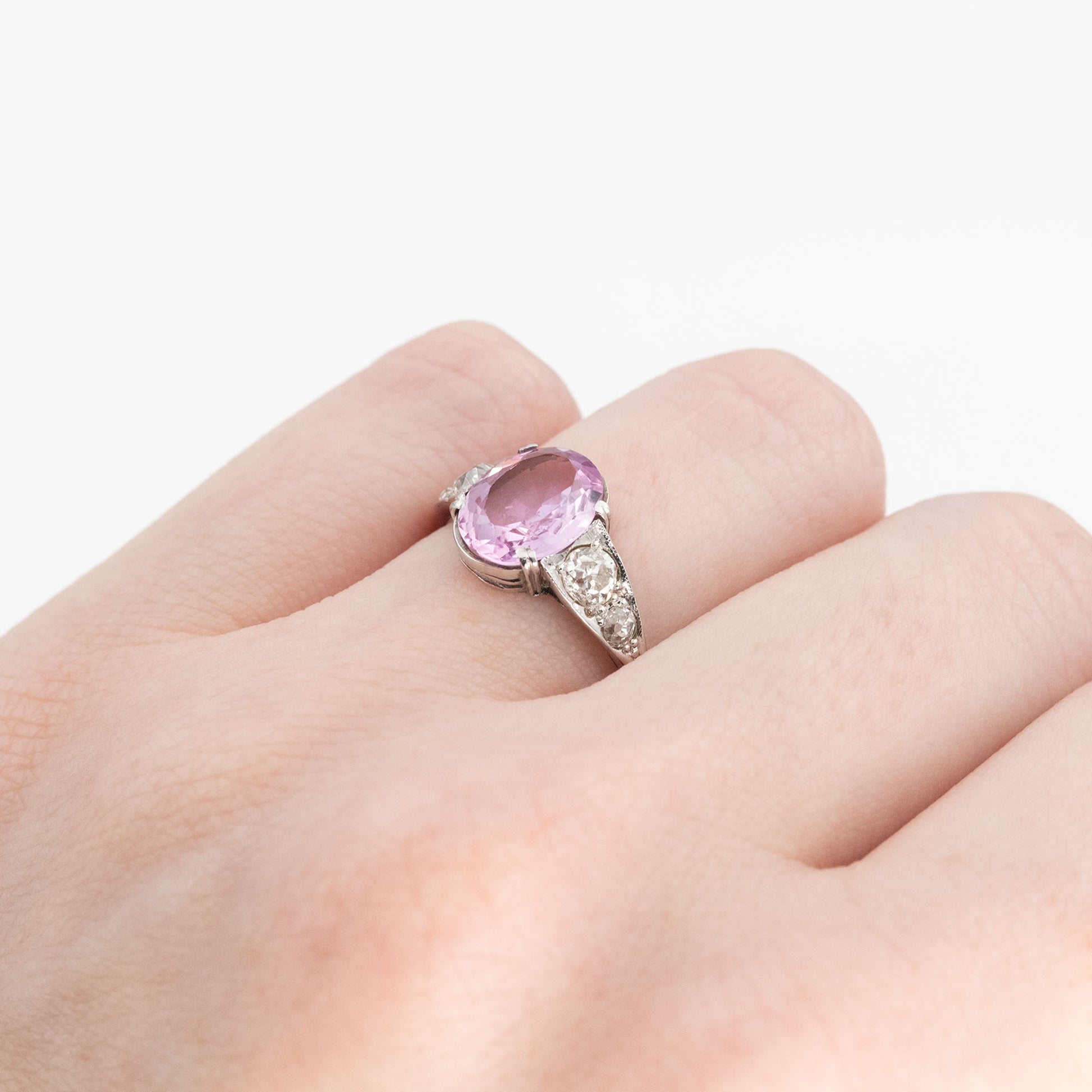 Art Deco 18ct White Gold 1.75 Carat Pink Topaz and Diamond Ring - Friar House Antique Jewellery