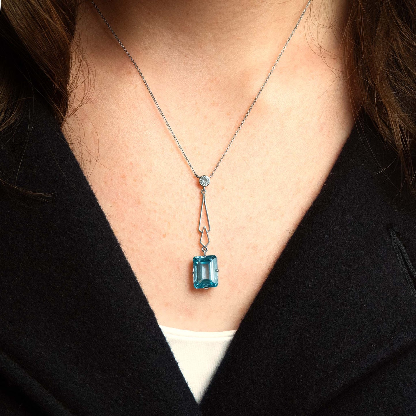 Art Deco 18ct White Gold 4.25 carat Aquamarine and Diamond Pendant - Friar House