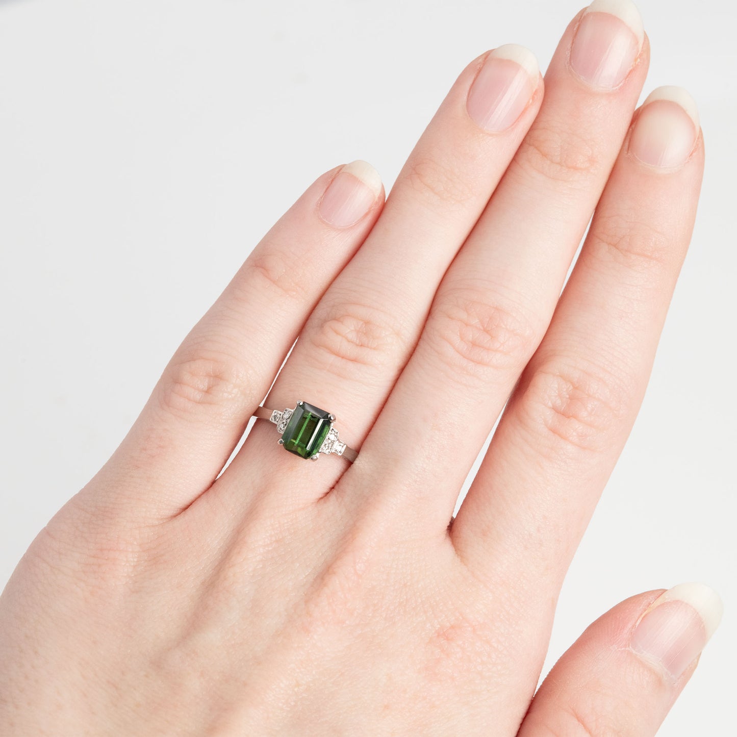 Art Deco 18ct White Gold Green Tourmaline Ring - Friar House