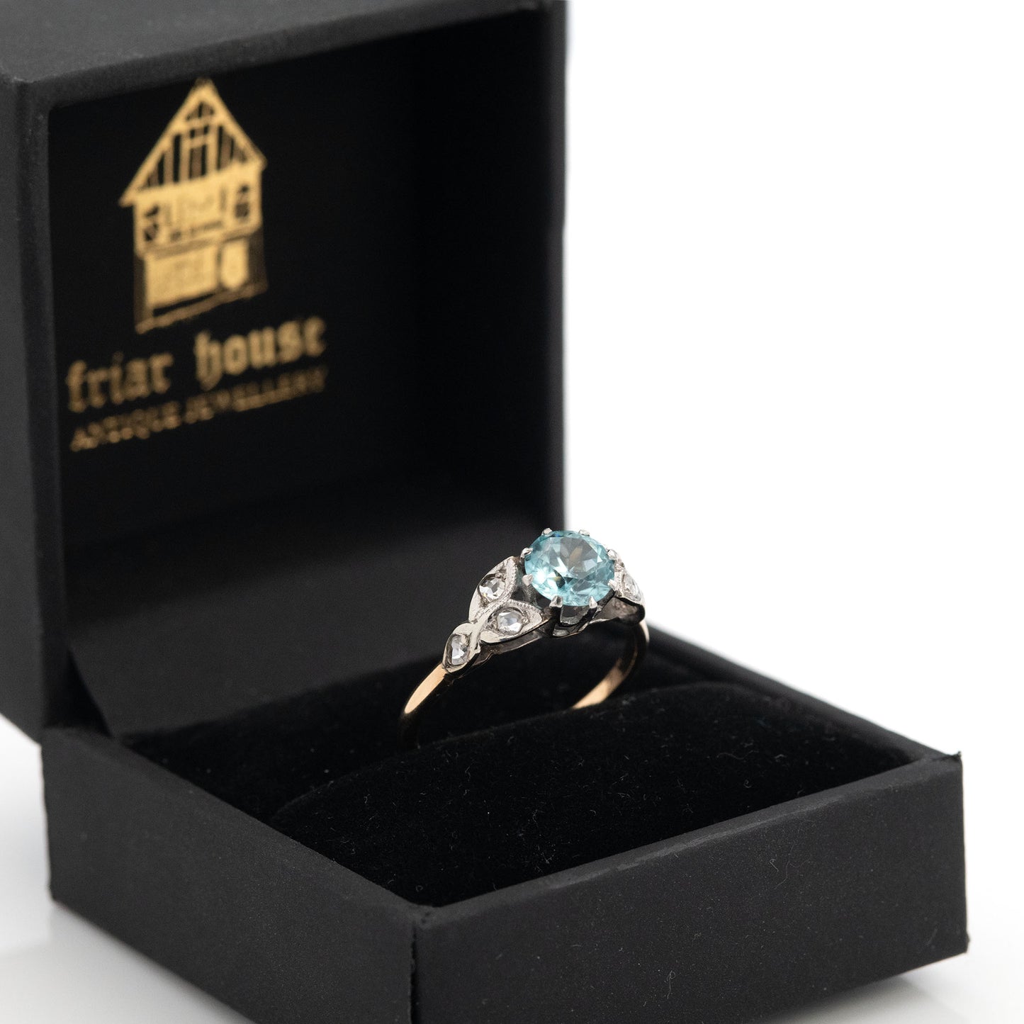 Art Deco 18ct Yellow Gold Blue Zircon and Diamond Ring - Friar House