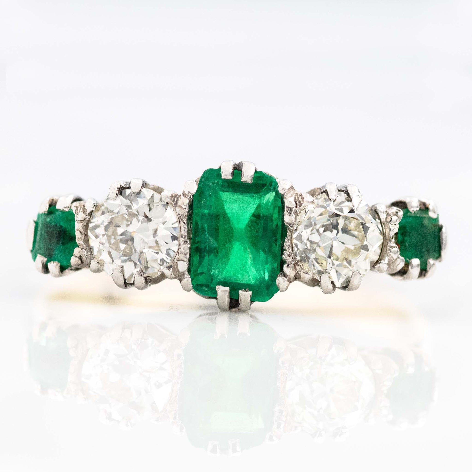Art Deco 18ct Yellow Gold Emerald and Diamond Five Stone Ring - Friar House