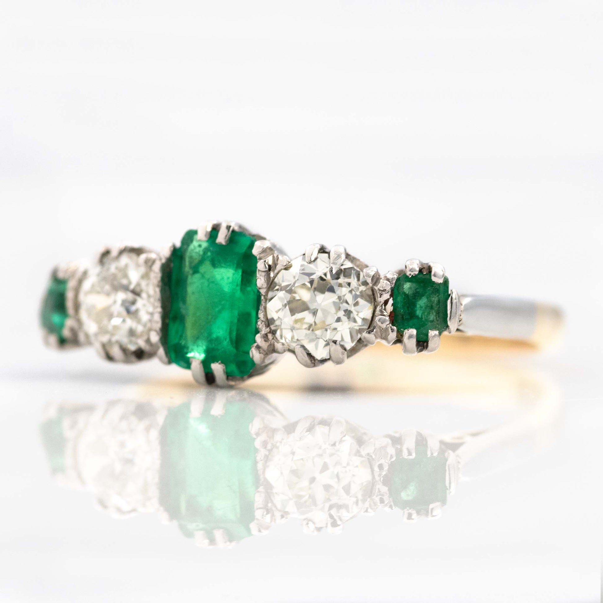 Art Deco 18ct Yellow Gold Emerald and Diamond Five Stone Ring - Friar House