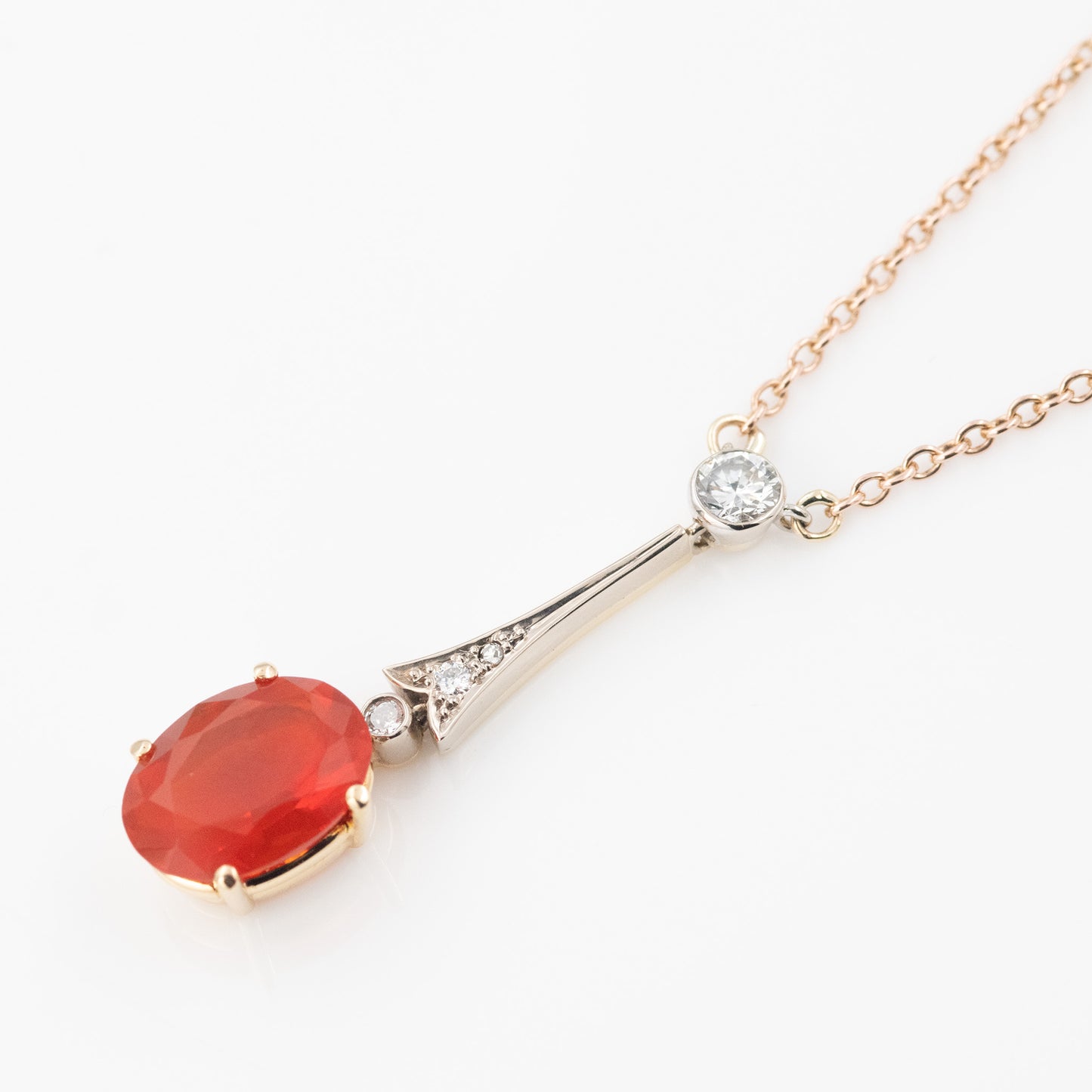 Art Deco 18ct Yellow Gold Fire Opal and Diamond Drop Pendant - Friar House