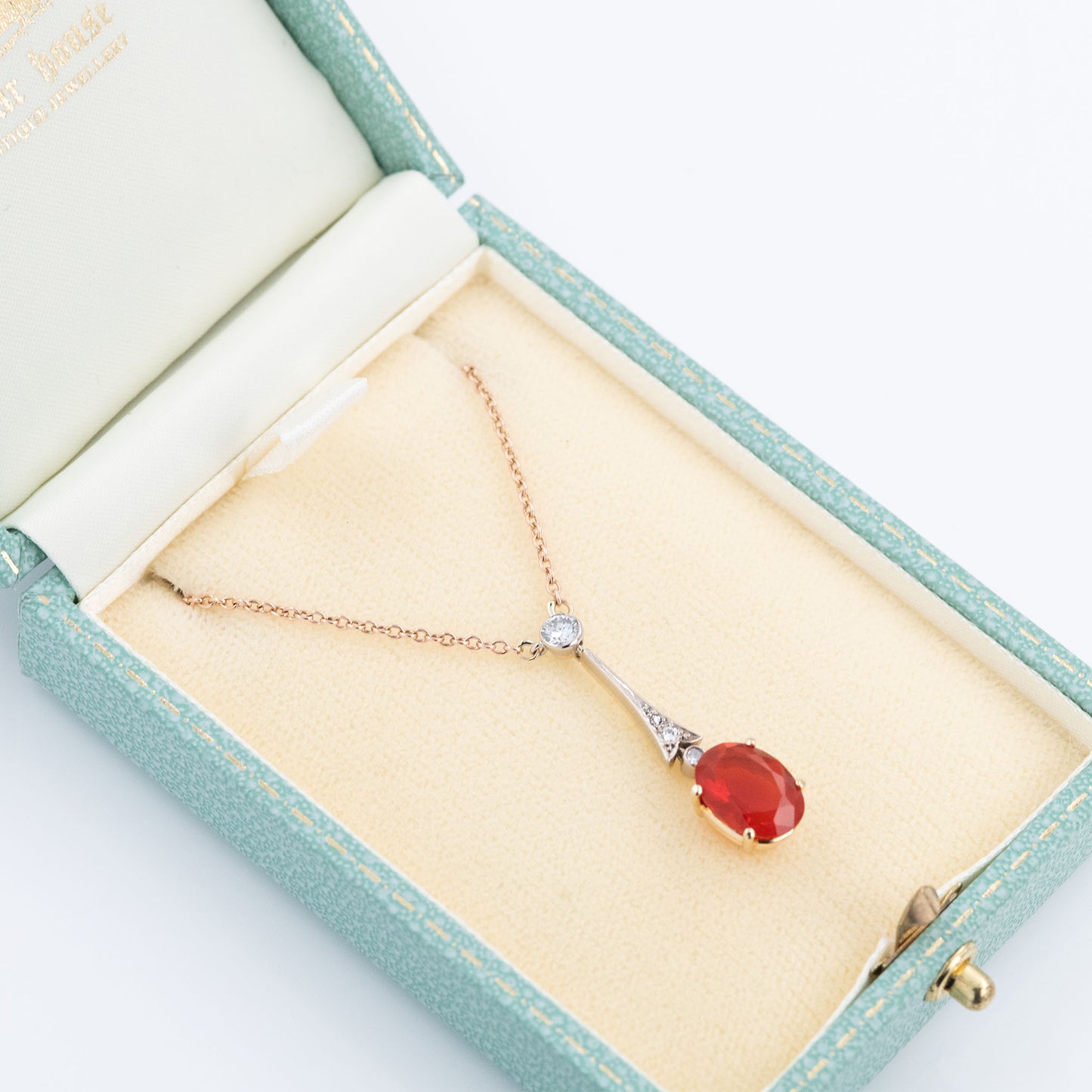 Art Deco 18ct Yellow Gold Fire Opal and Diamond Drop Pendant - Friar House