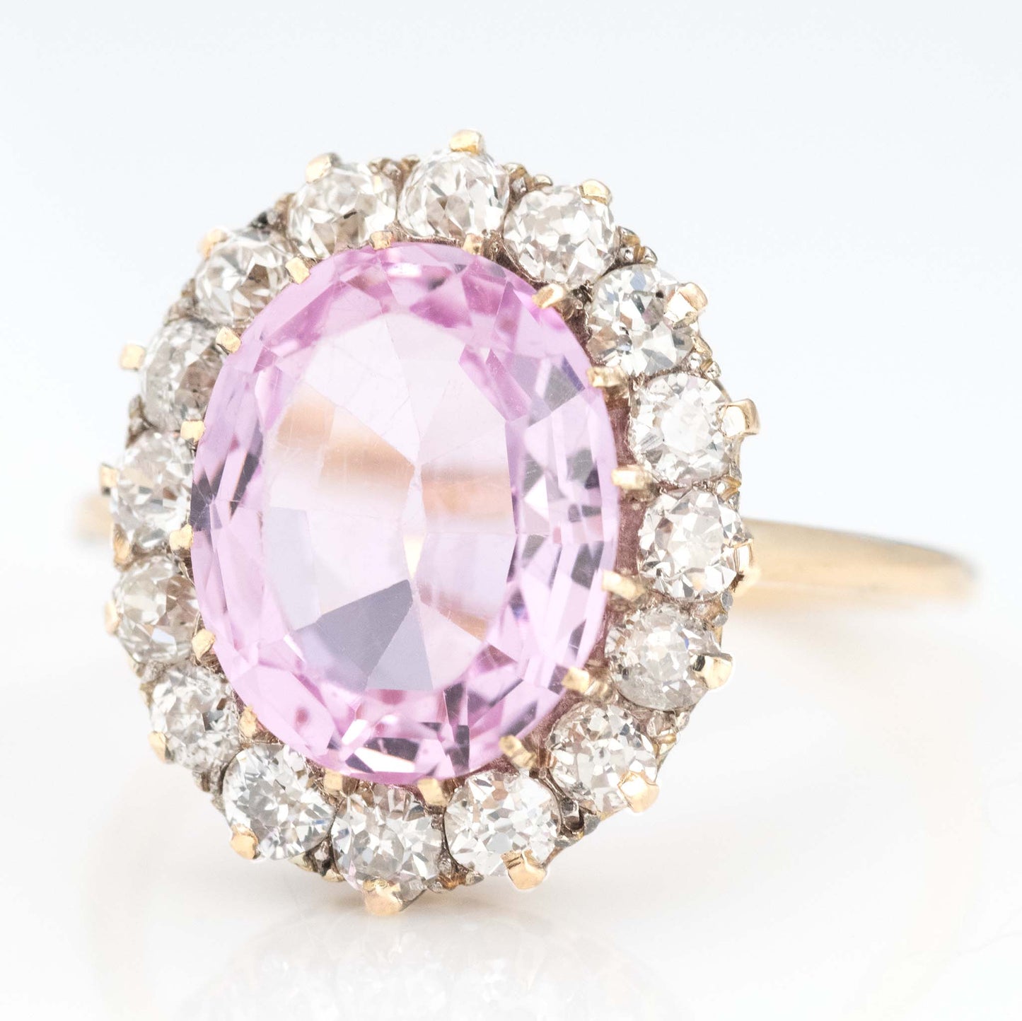 Art Deco 18ct Yellow Gold Pink Topaz and Diamond Cluster Ring - Friar House