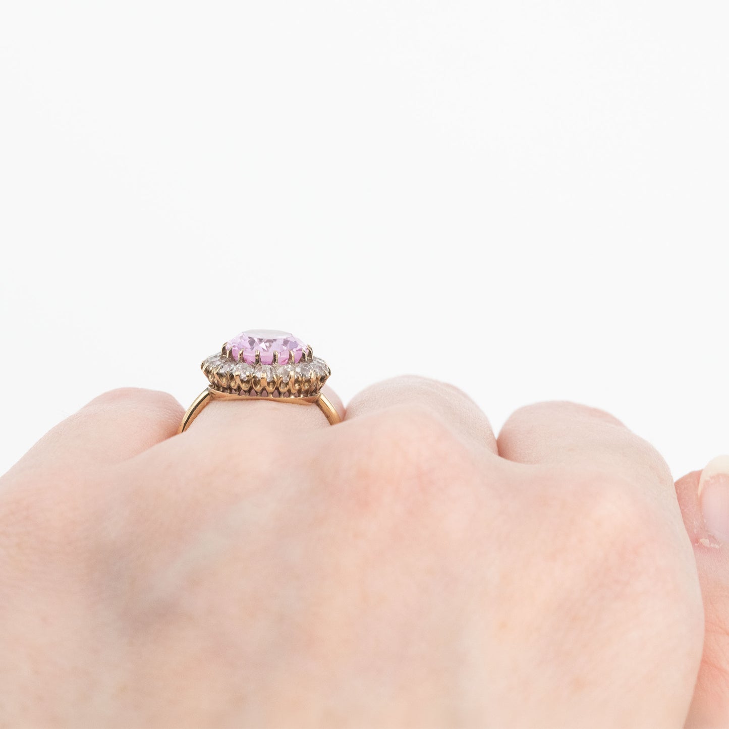 Art Deco 18ct Yellow Gold Pink Topaz and Diamond Cluster Ring - Friar House