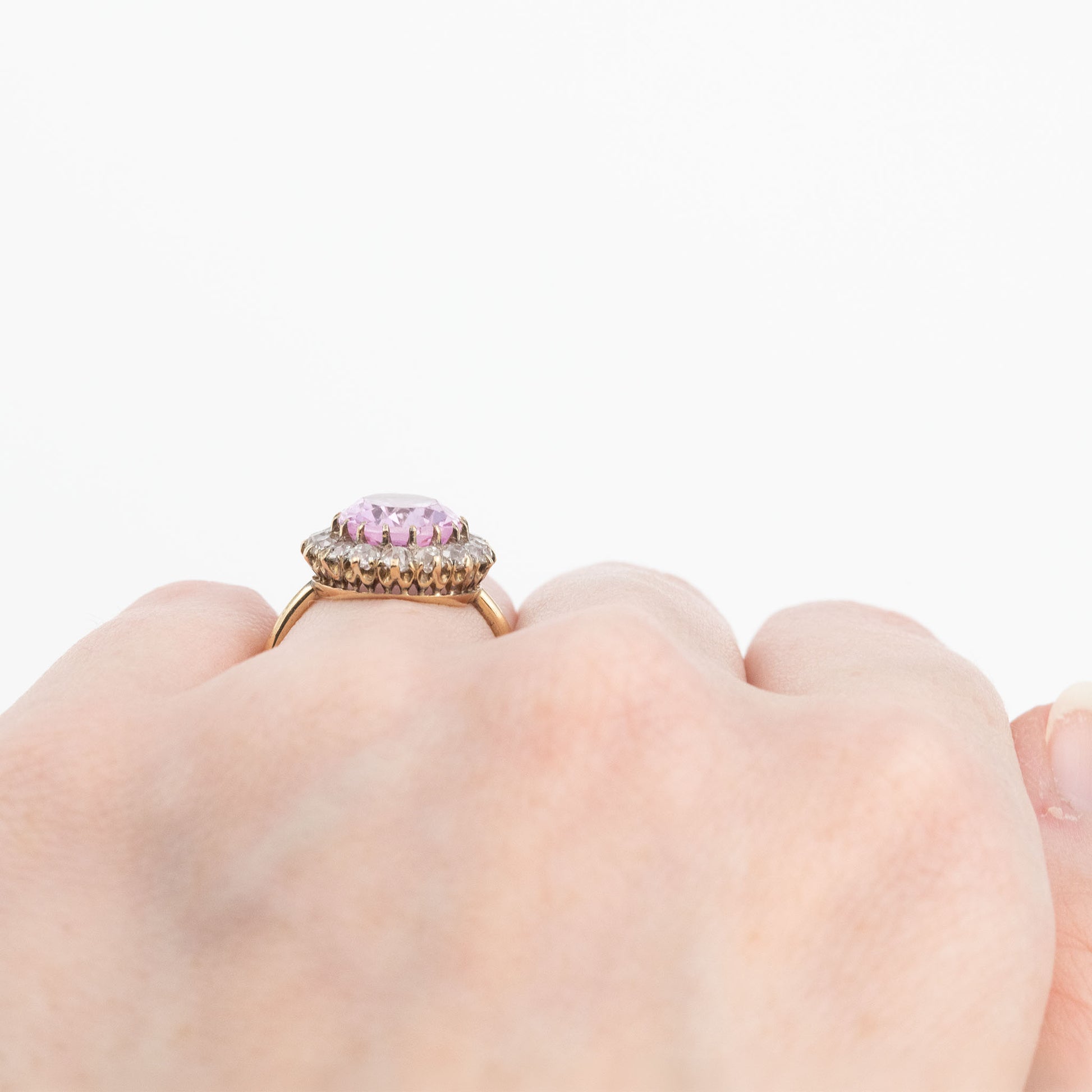 Art Deco 18ct Yellow Gold Pink Topaz and Diamond Cluster Ring - Friar House