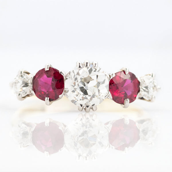 Art Deco 18ct Yellow Gold Ruby and Diamond Five Stone Ring - Friar House