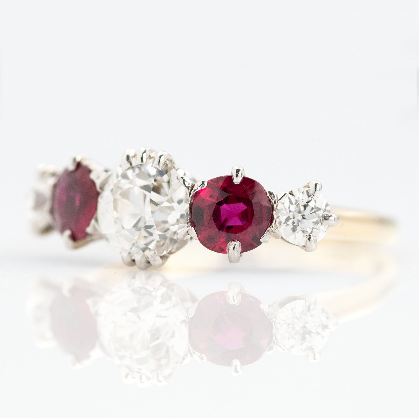 Art Deco 18ct Yellow Gold Ruby and Diamond Five Stone Ring - Friar House