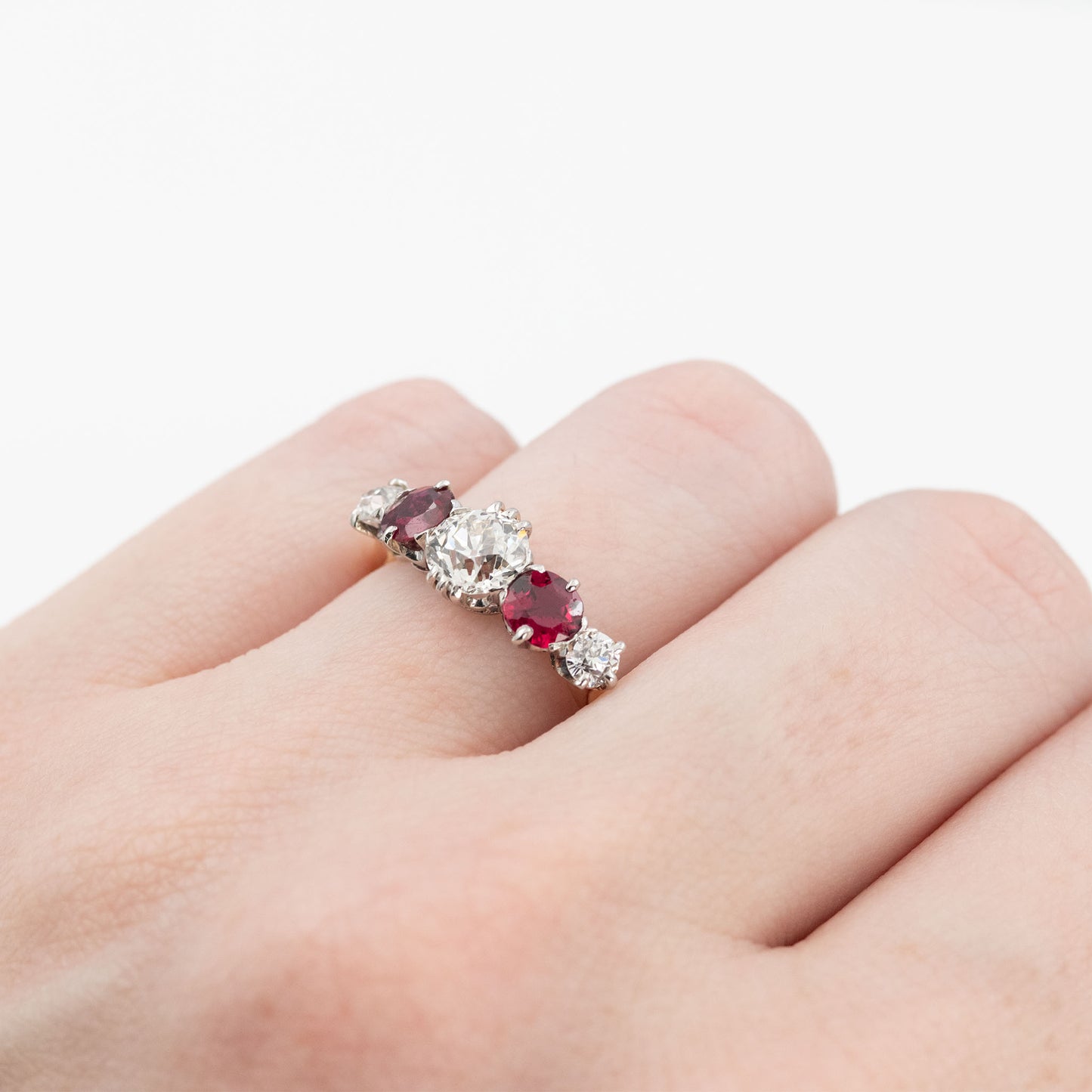 Art Deco 18ct Yellow Gold Ruby and Diamond Five Stone Ring - Friar House