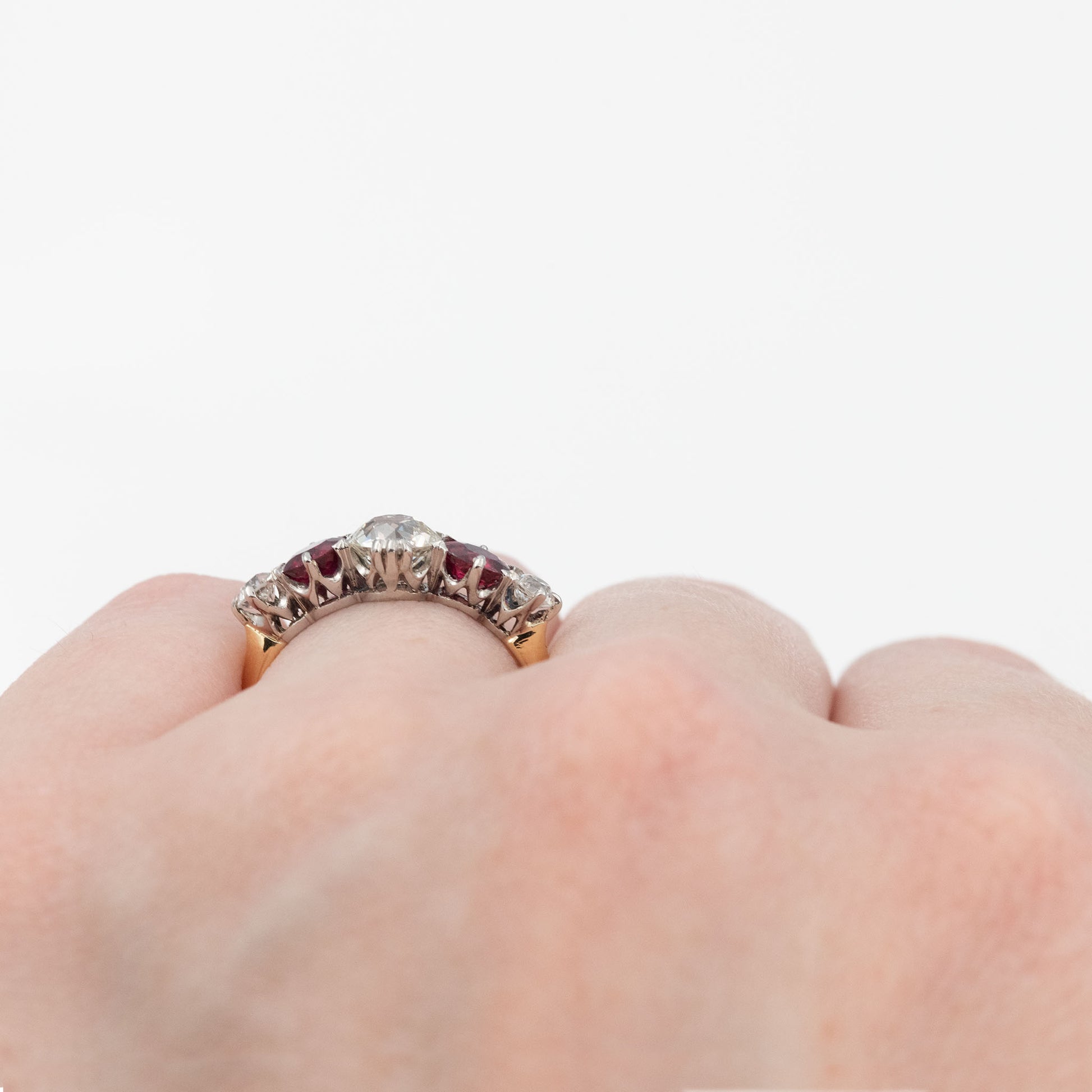 Art Deco 18ct Yellow Gold Ruby and Diamond Five Stone Ring - Friar House