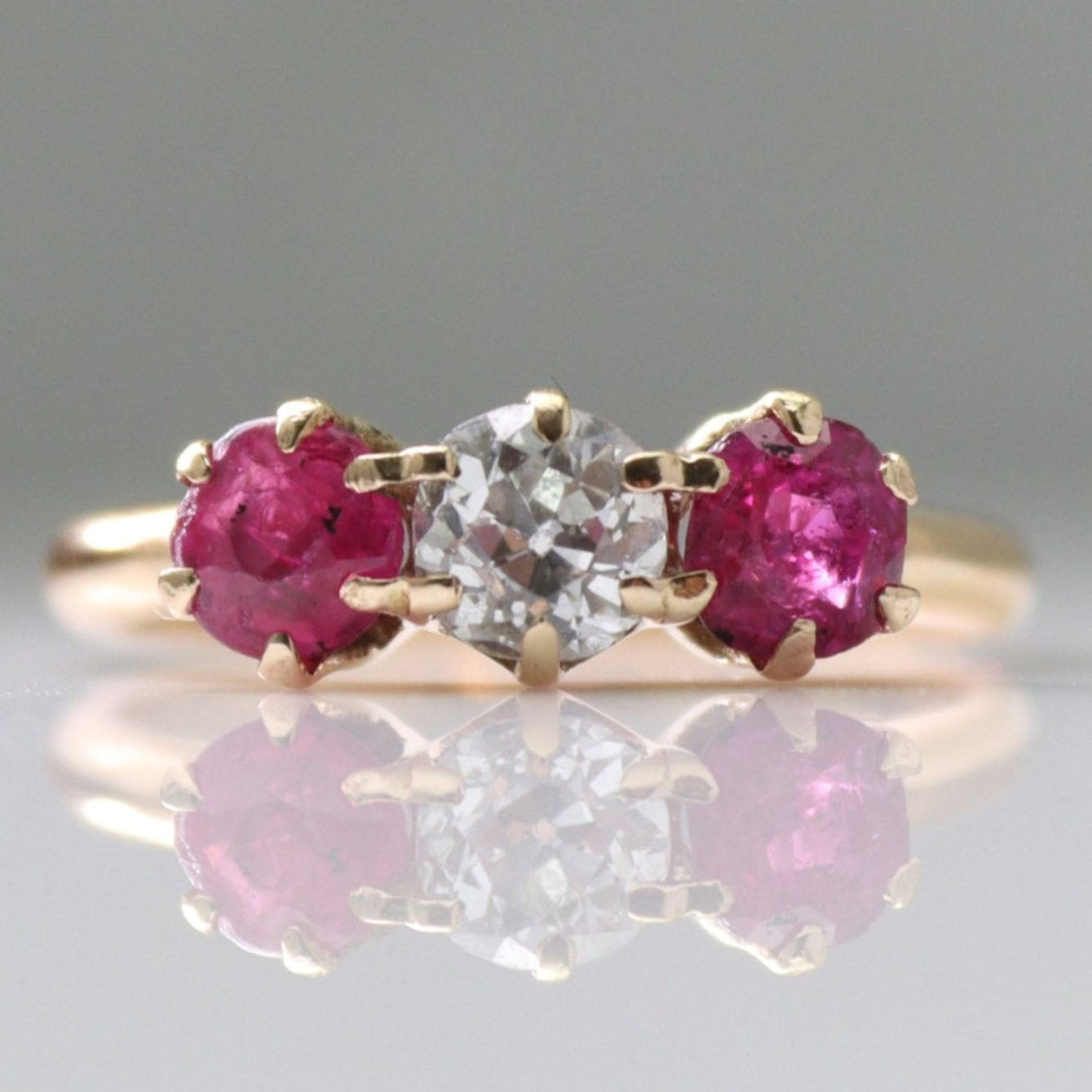 Art Deco 18ct Yellow Gold Ruby and Diamond Three Stone Ring - Friar House