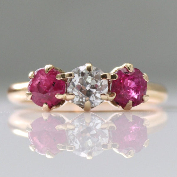 Art Deco 18ct Yellow Gold Ruby and Diamond Three Stone Ring - Friar House