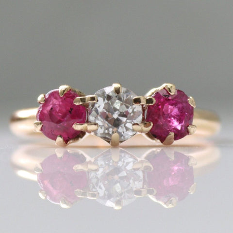 Art Deco 18ct Yellow Gold Ruby and Diamond Three Stone Ring