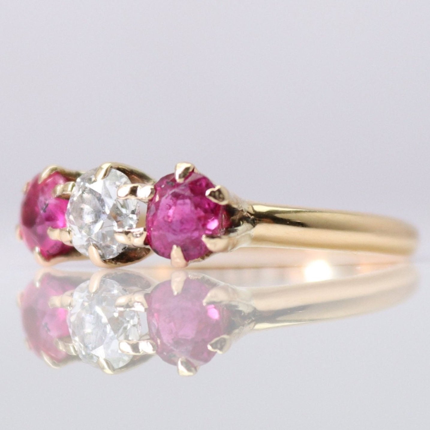 Art Deco 18ct Yellow Gold Ruby and Diamond Three Stone Ring - Friar House