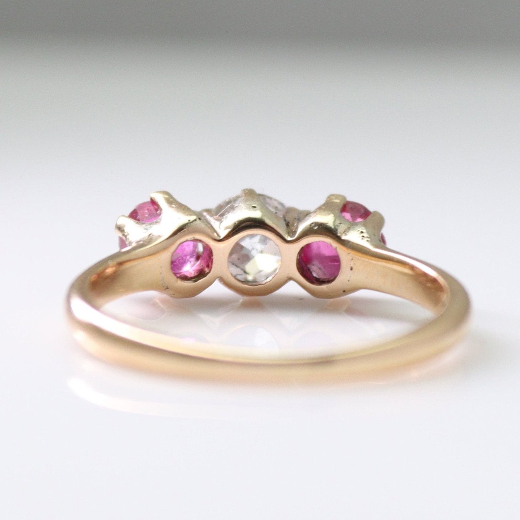 Art Deco 18ct Yellow Gold Ruby and Diamond Three Stone Ring - Friar House