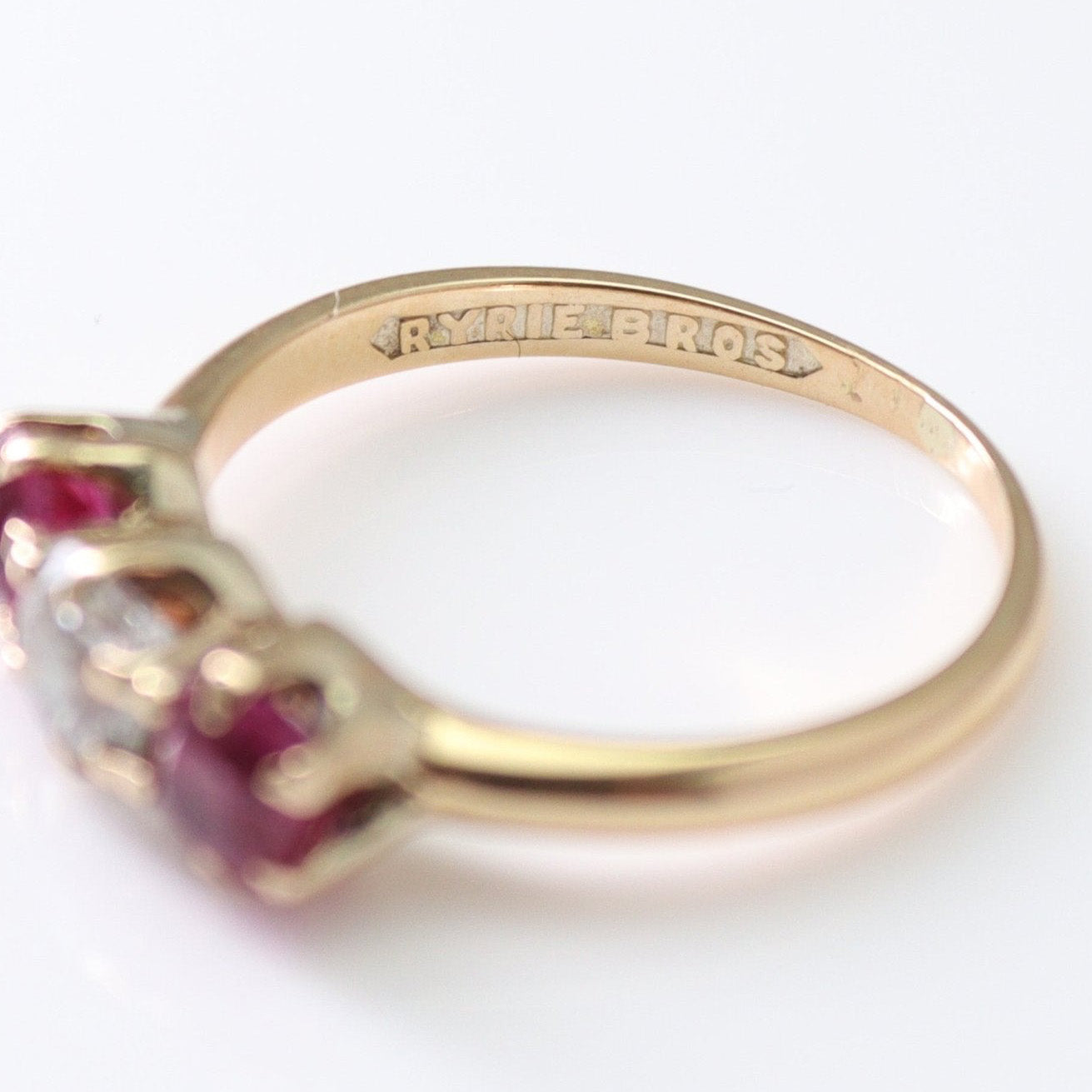 Art Deco 18ct Yellow Gold Ruby and Diamond Three Stone Ring - Friar House