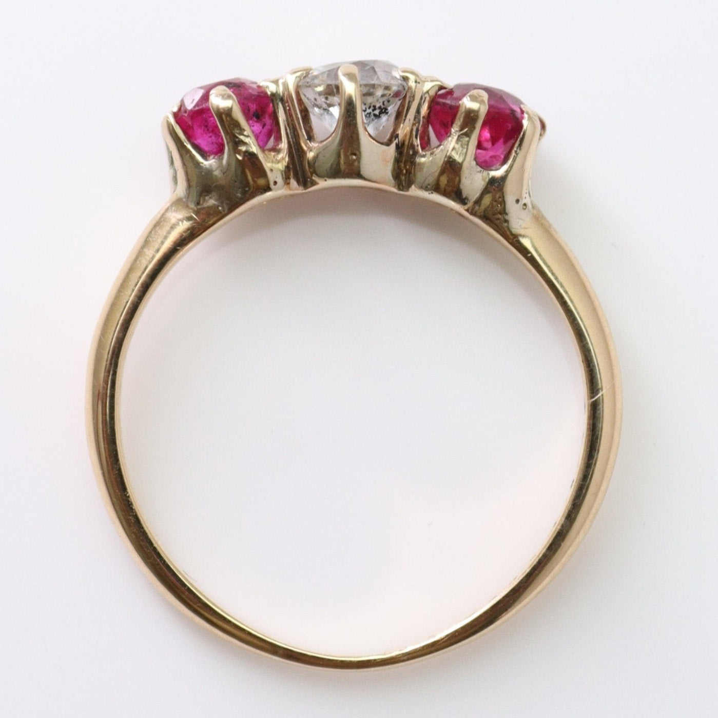 Art Deco 18ct Yellow Gold Ruby and Diamond Three Stone Ring - Friar House