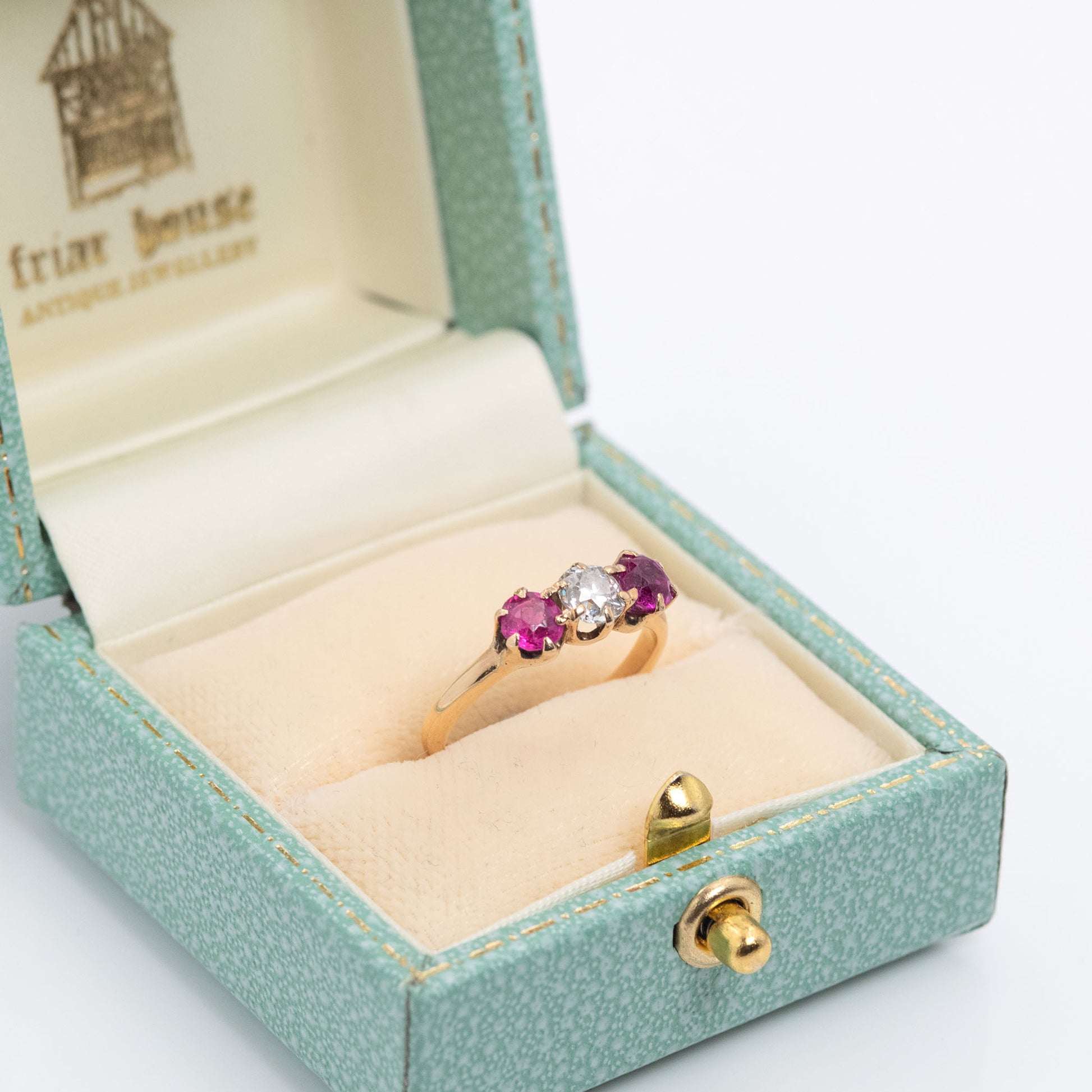 Art Deco 18ct Yellow Gold Ruby and Diamond Three Stone Ring - Friar House