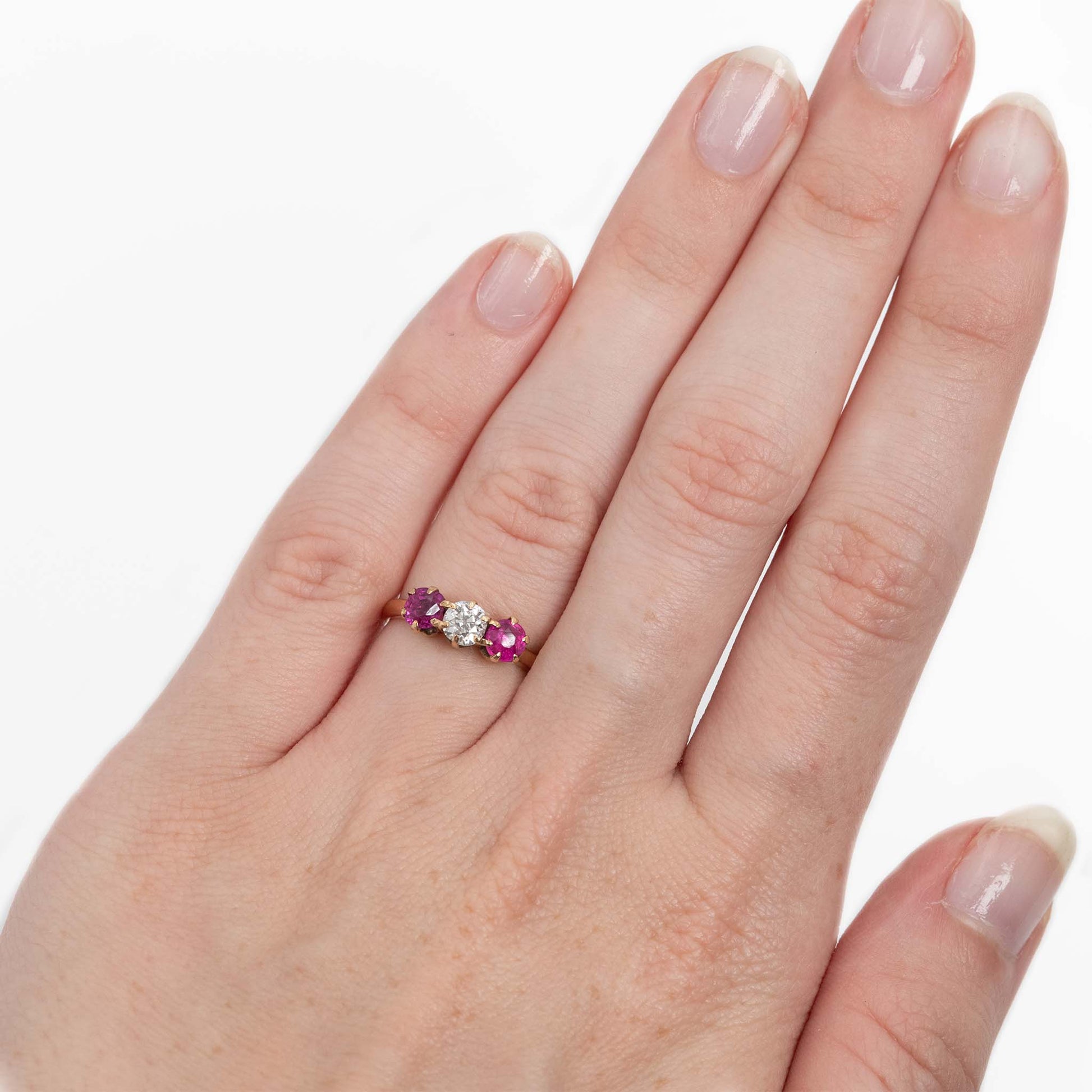Art Deco 18ct Yellow Gold Ruby and Diamond Three Stone Ring - Friar House