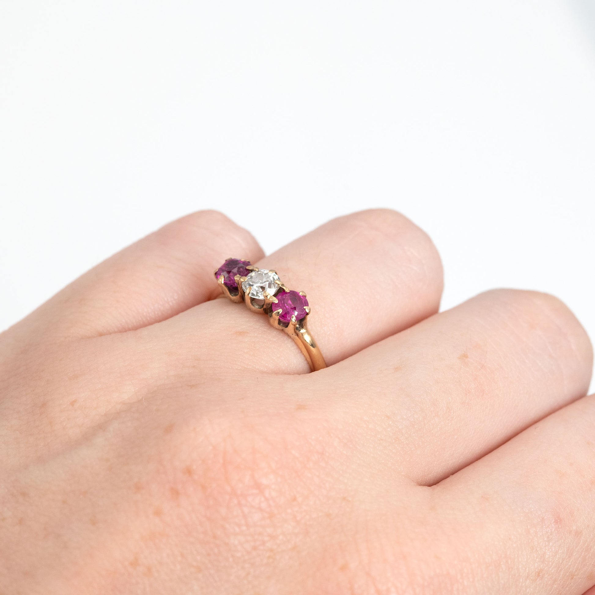 Art Deco 18ct Yellow Gold Ruby and Diamond Three Stone Ring - Friar House