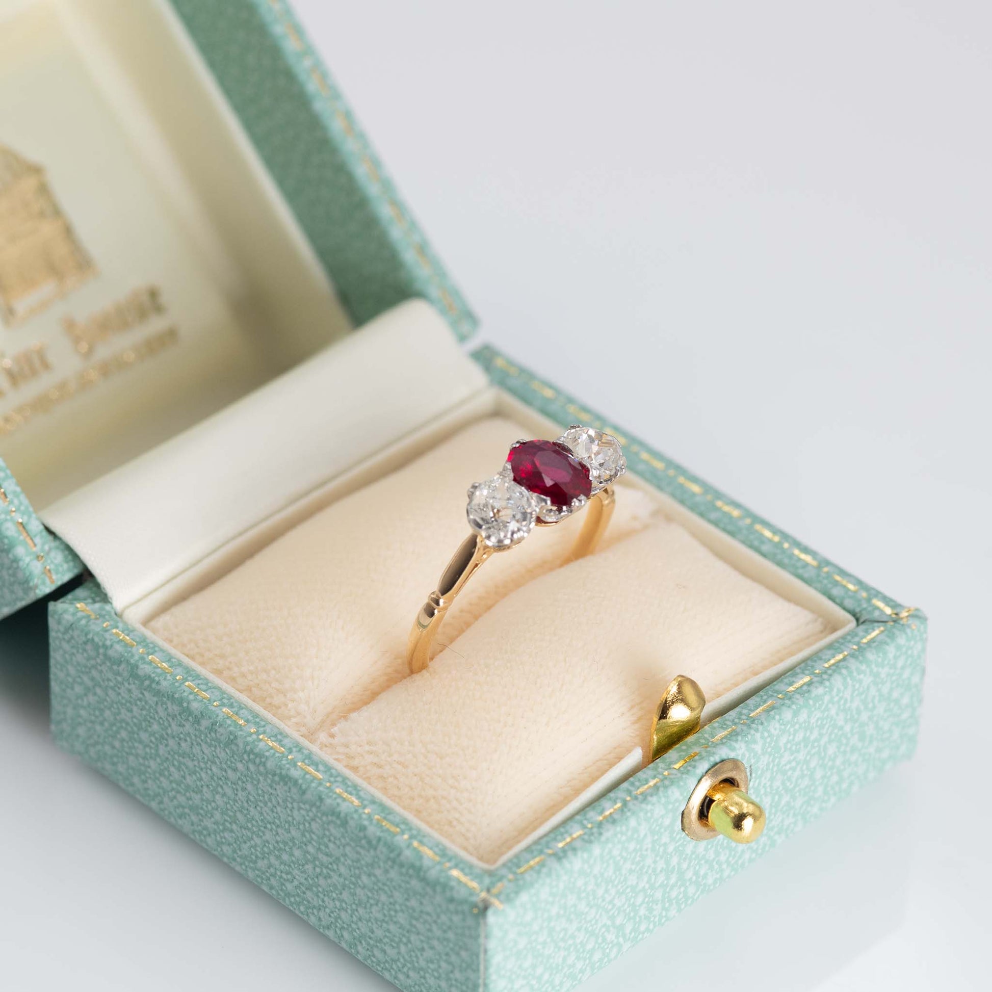 Art Deco 18ct Yellow Gold Ruby and Diamond Three Stone Ring - Friar House