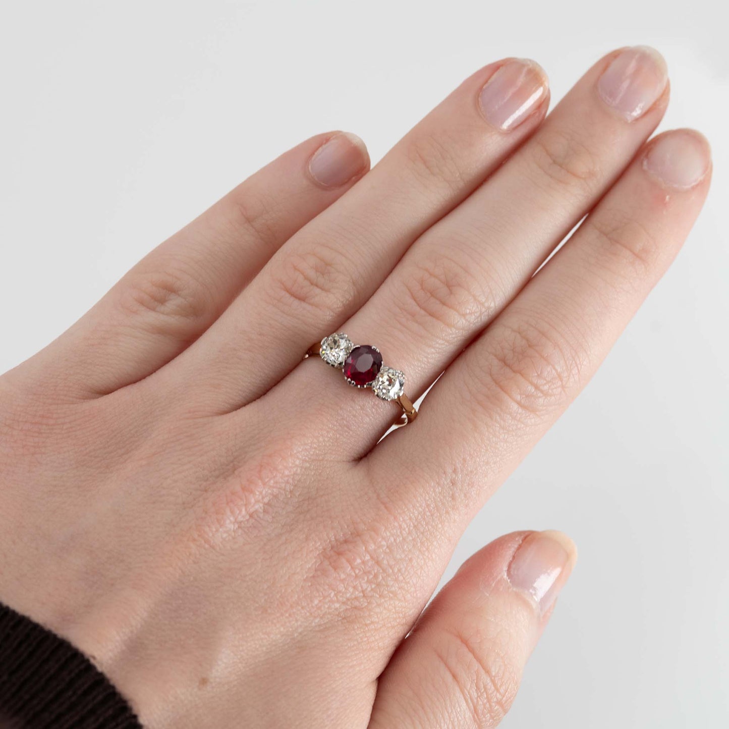 Art Deco 18ct Yellow Gold Ruby and Diamond Three Stone Ring - Friar House