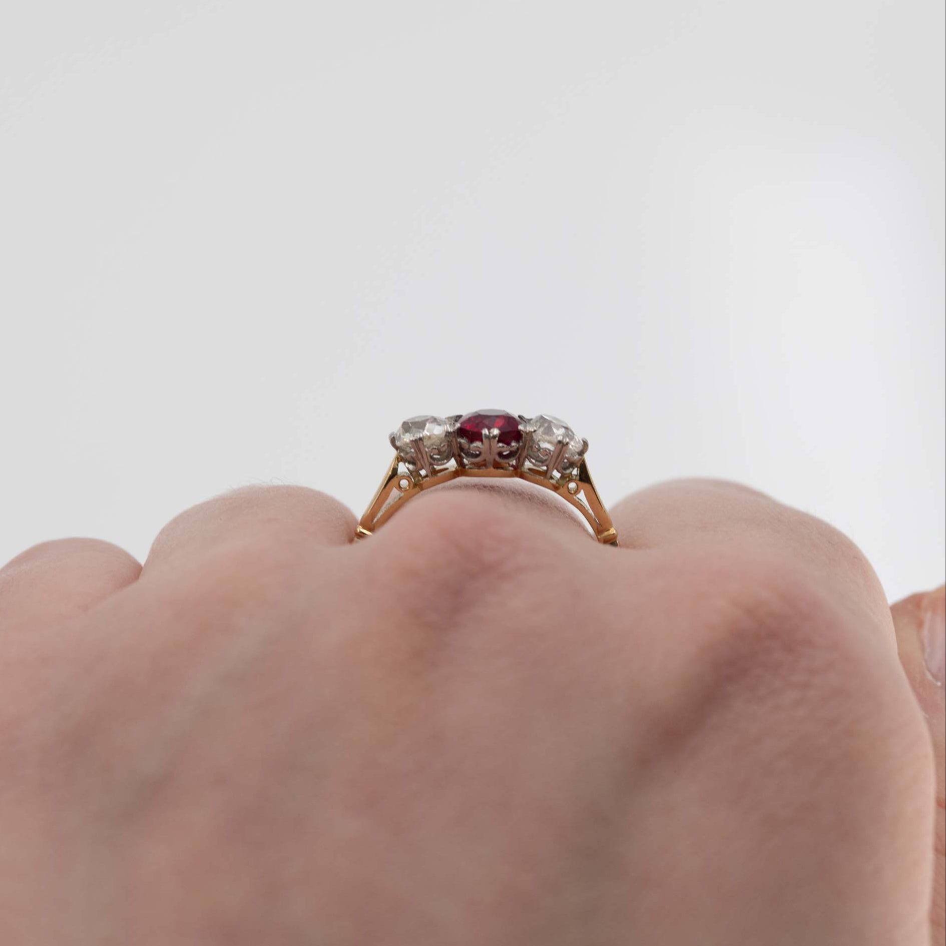 Art Deco 18ct Yellow Gold Ruby and Diamond Three Stone Ring - Friar House