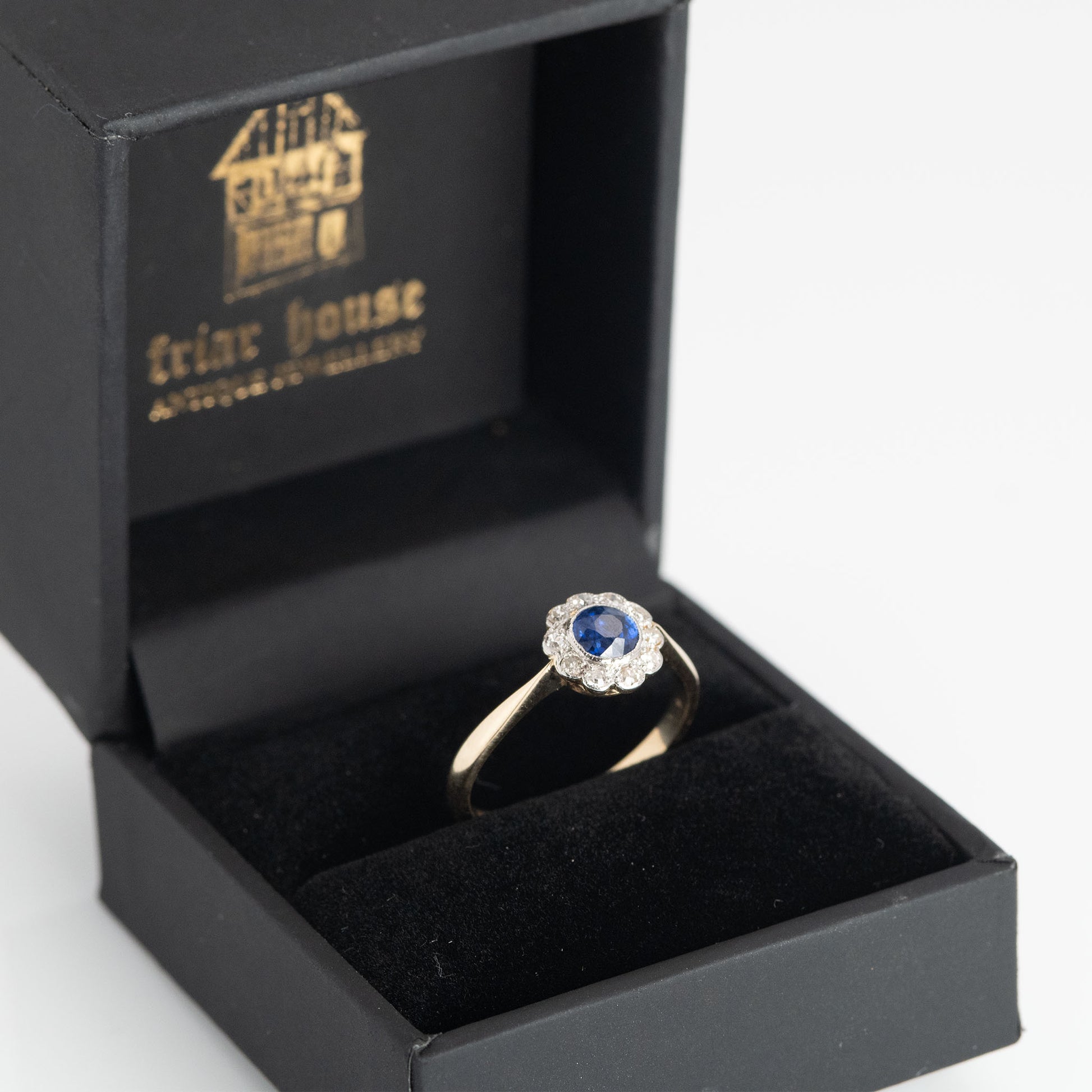 Art Deco 18ct Yellow Gold Sapphire and Diamond Daisy Cluster Ring - Friar House