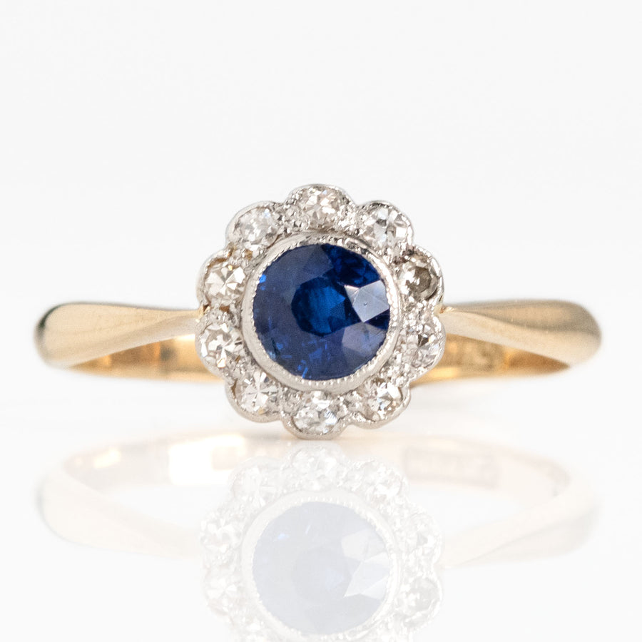 Art Deco 18ct Yellow Gold Sapphire and Diamond Daisy Cluster Ring - Friar House