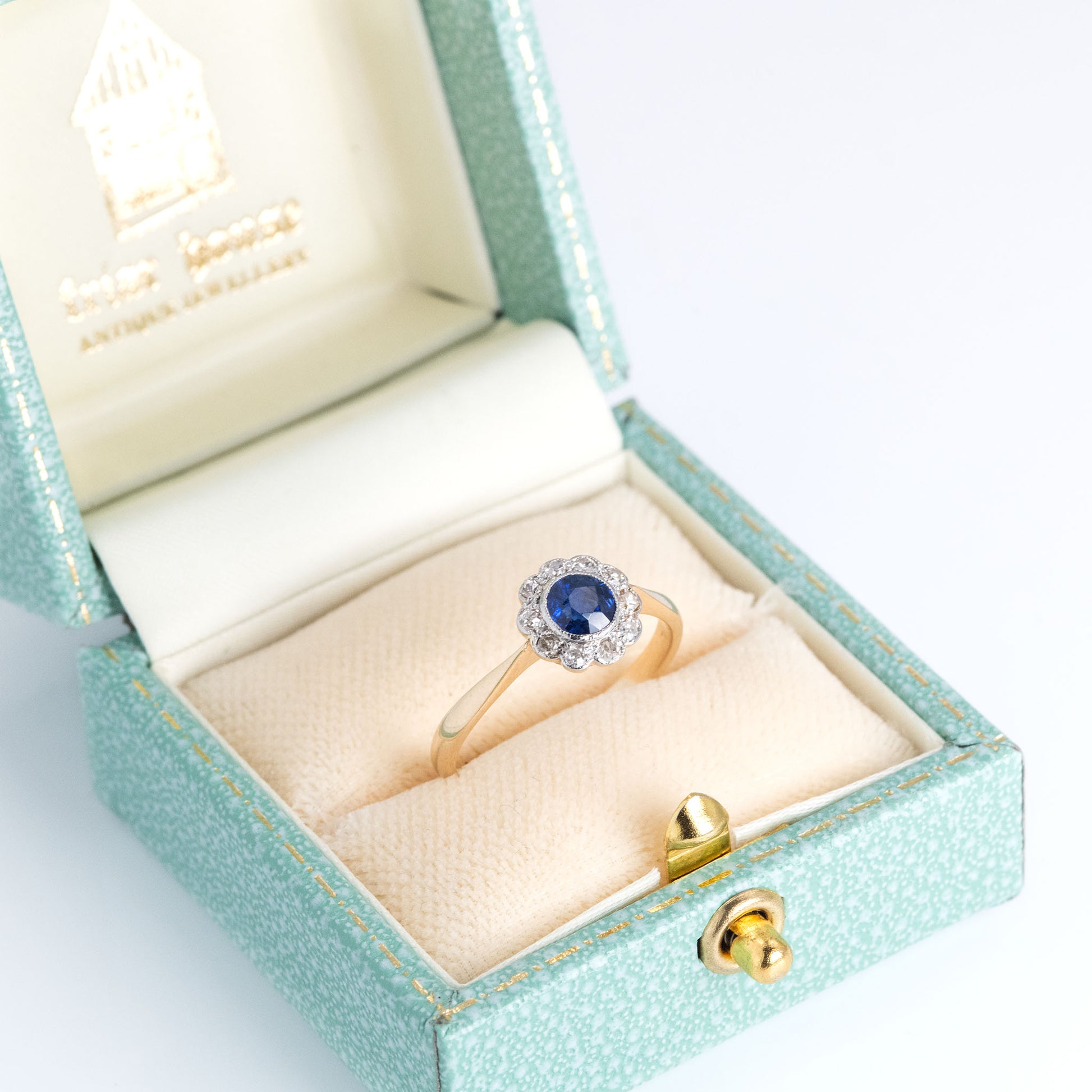 Art Deco 18ct Yellow Gold Sapphire and Diamond Daisy Cluster Ring - Friar House