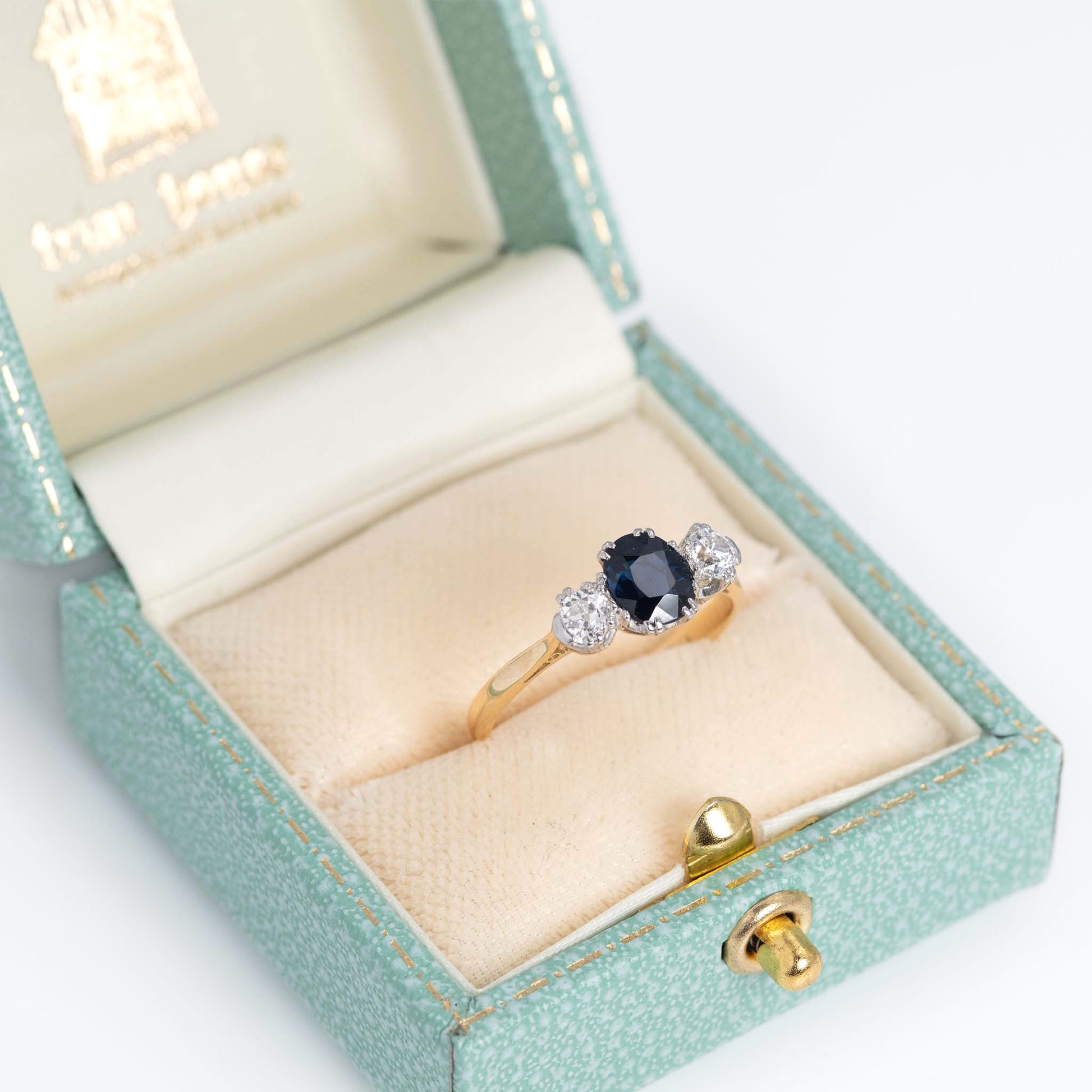 Art Deco 18ct Yellow Gold Sapphire and Diamond Three Stone Ring - Friar House